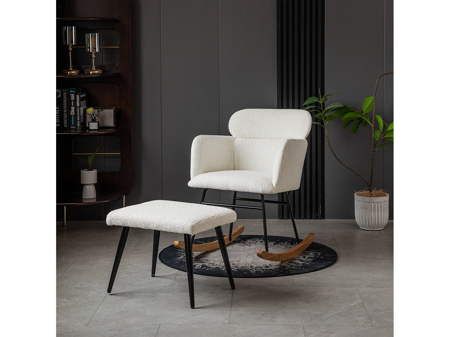 Chaise à bascule avec repose-pieds - 61 x 72.5 x 82 cm - Teddy-Polaire, boid d'évéa et métal - Blanc