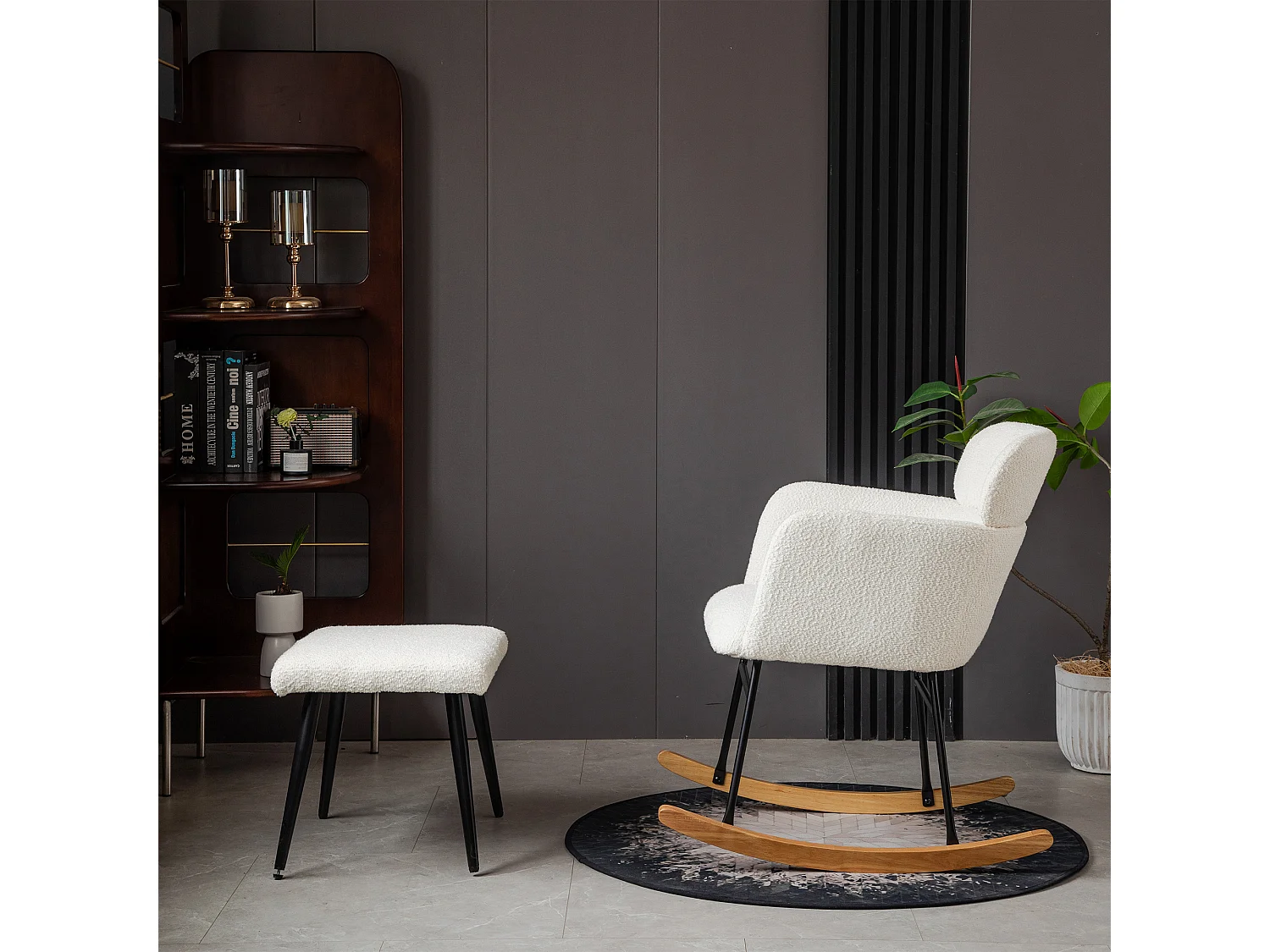 Chaise à bascule avec repose-pieds - 61 x 72.5 x 82 cm - Teddy-Polaire, boid d'évéa et métal - Blanc