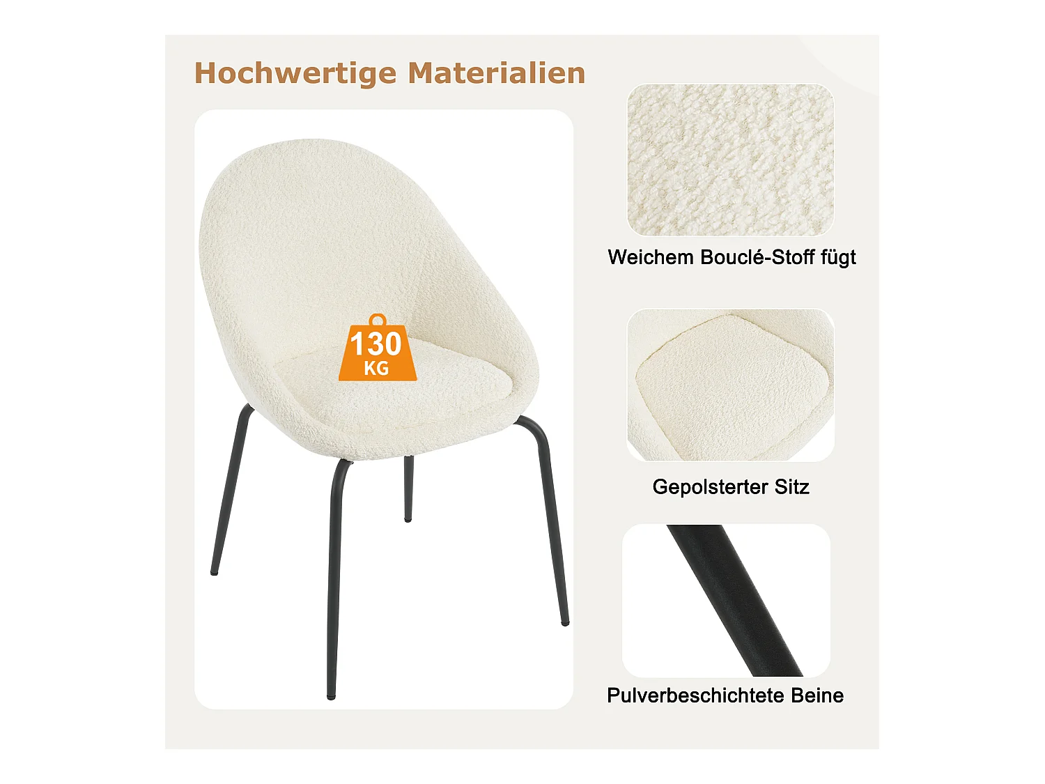 Lot de 4 chaises bouclées modernes - Velours et métal - 51 x 40 x 77 cm - Blanc