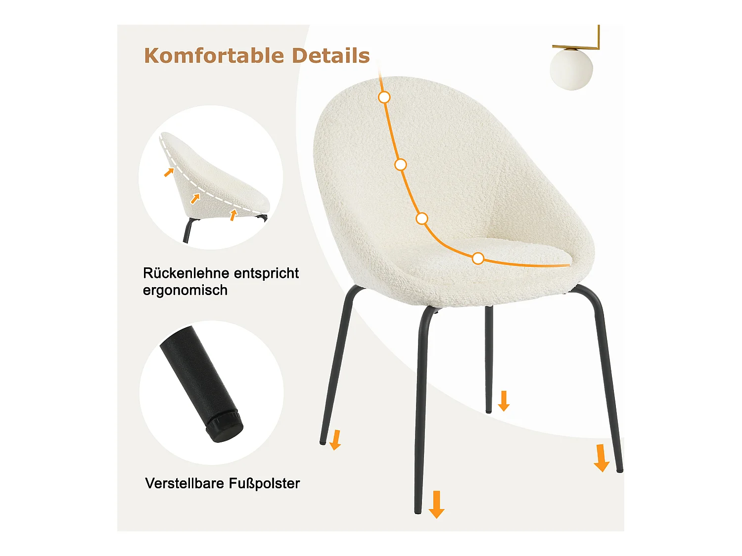 Lot de 4 chaises bouclées modernes - Velours et métal - 51 x 40 x 77 cm - Blanc