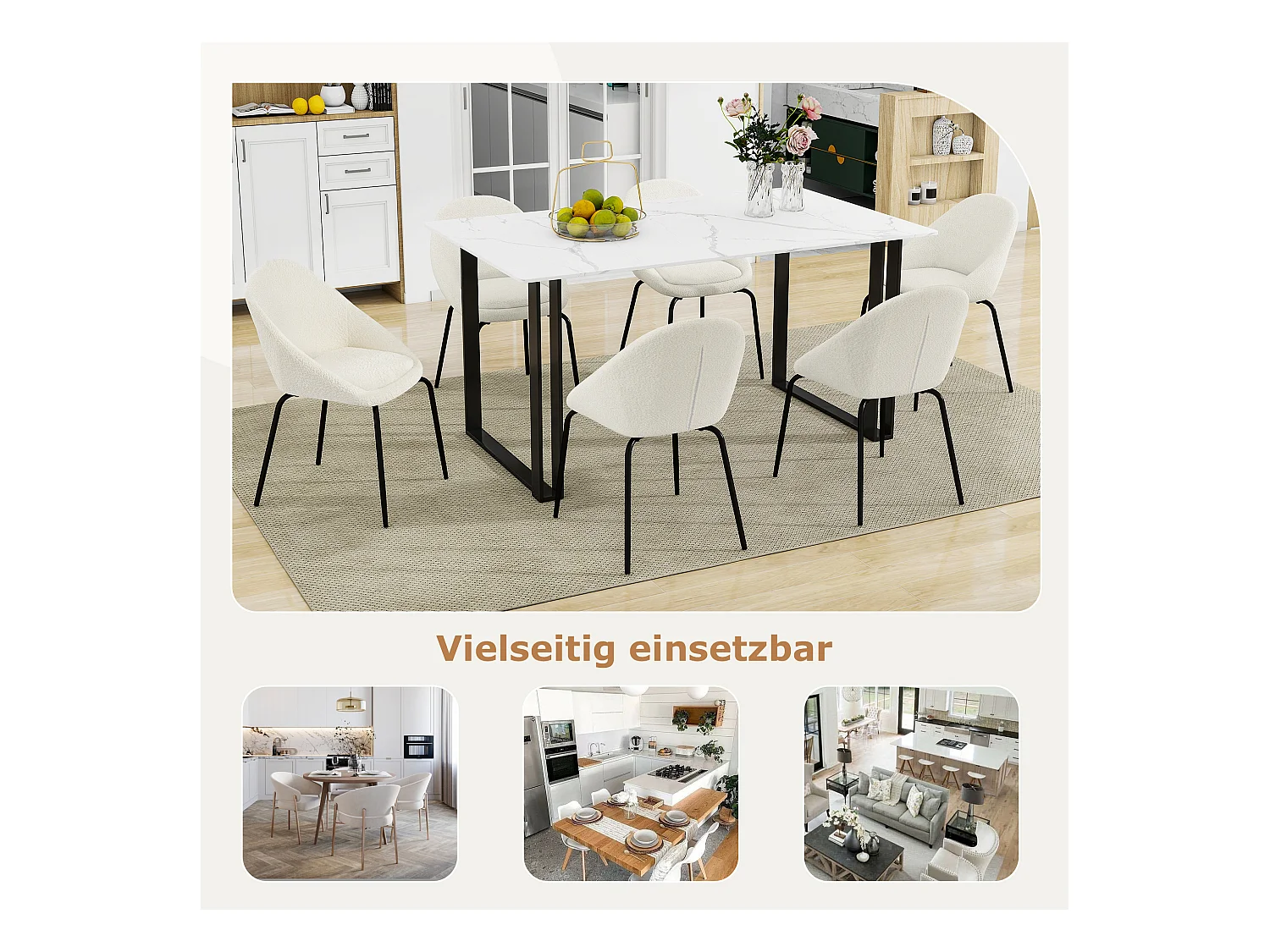 Lot de 4 chaises bouclées modernes - Velours et métal - 51 x 40 x 77 cm - Blanc