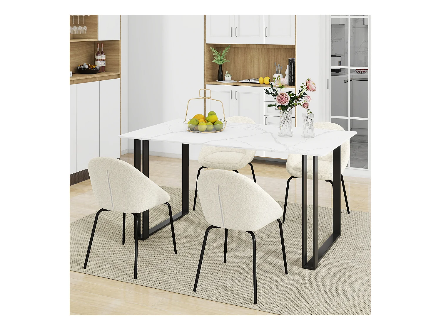 Lot de 4 chaises bouclées modernes - Velours et métal - 51 x 40 x 77 cm - Blanc