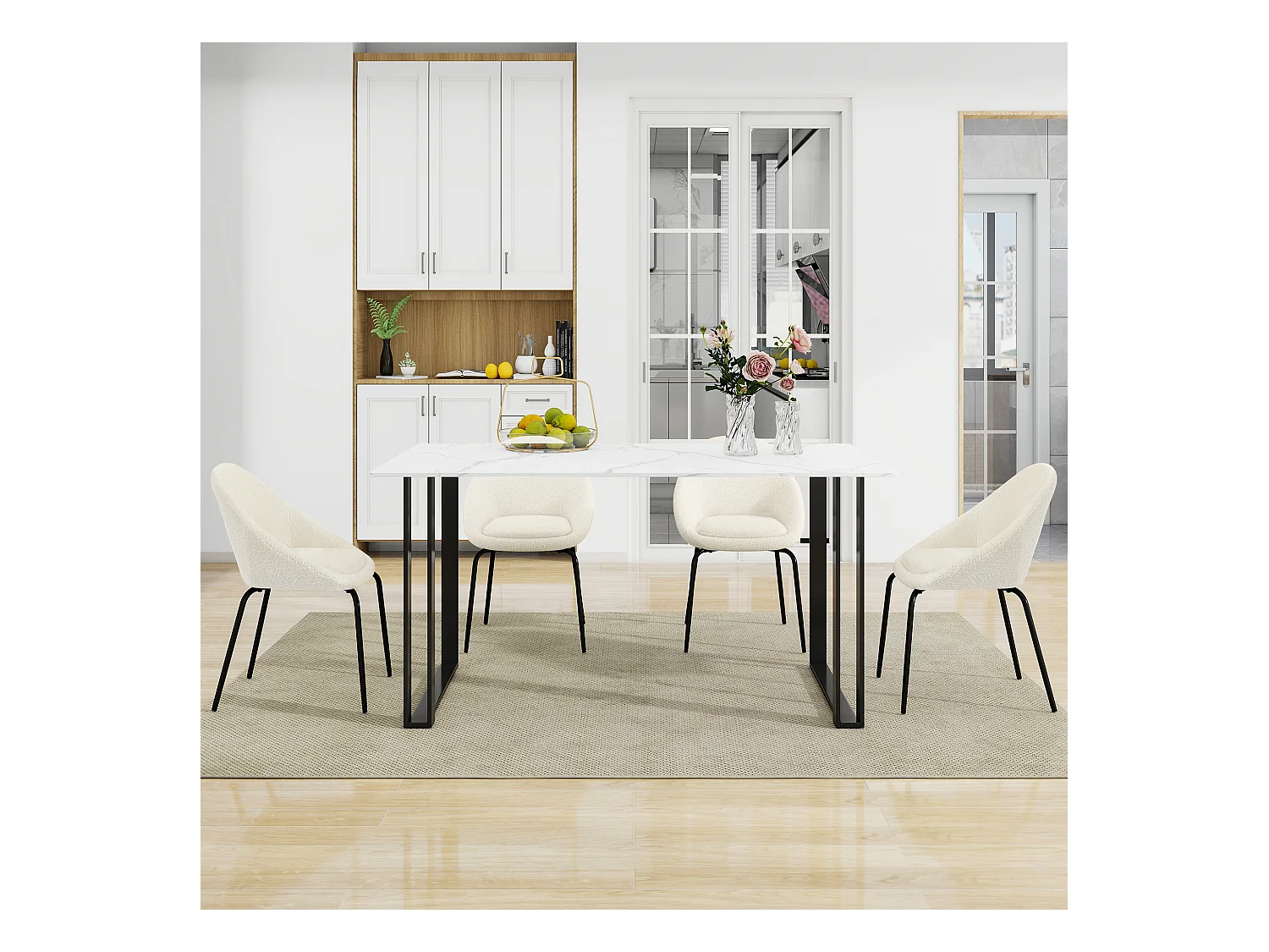 Lot de 4 chaises bouclées modernes - Velours et métal - 51 x 40 x 77 cm - Blanc