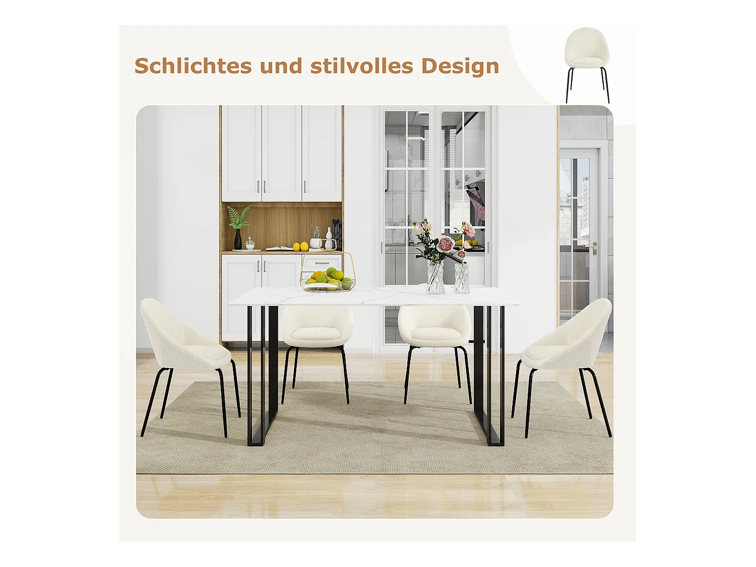 Lot de 4 chaises bouclées modernes - Velours et métal - 51 x 40 x 77 cm - Blanc