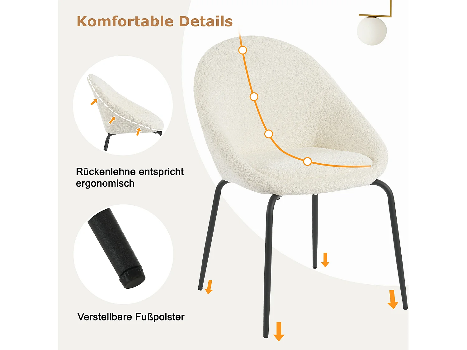 Set di 4 sedie moderne ricci - Velluto e metallo - 51 x 40 x 77 cm - Bianco