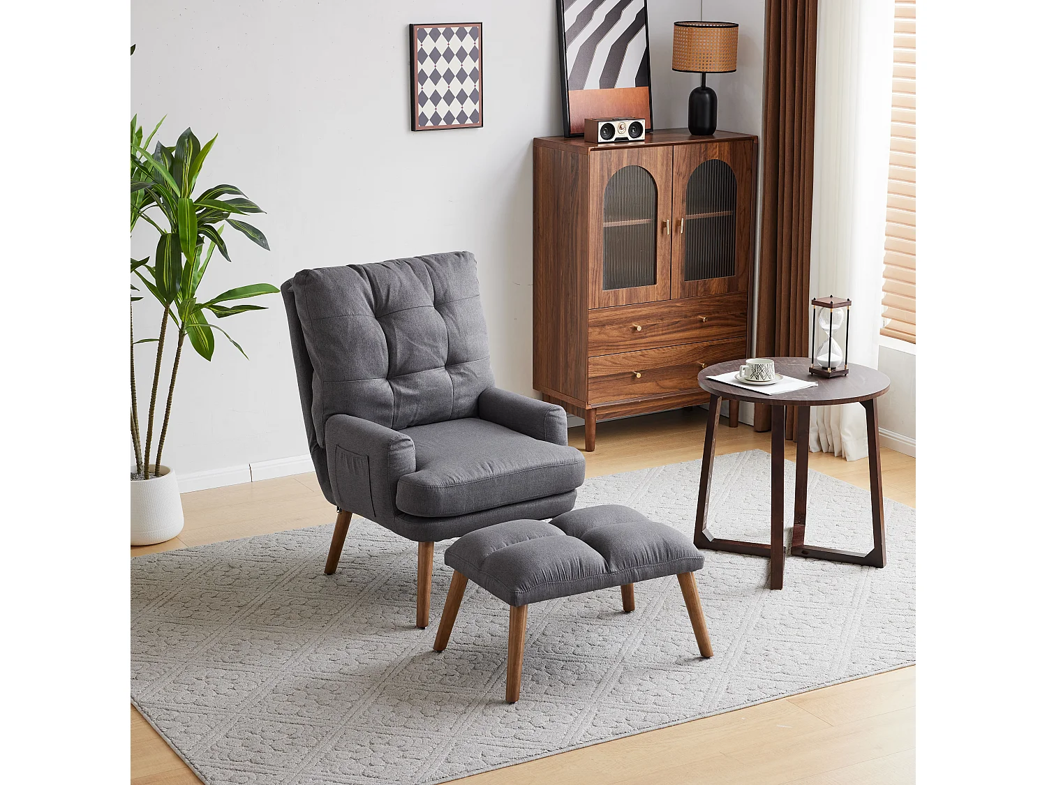 Chaise longue avec repose-pieds - Dossier inclinable sur 5 niveaux - 66 x 60 x 96.5 cm - Éponge + fibres de polypropylène - Gris