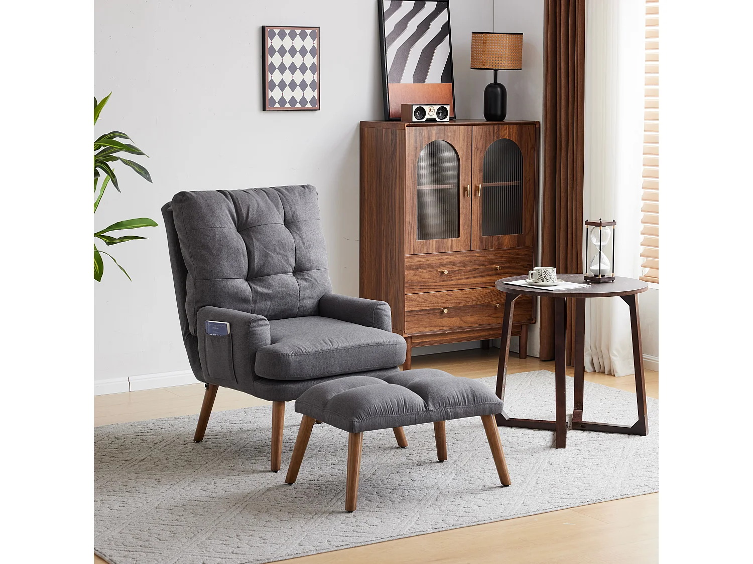 Chaise longue avec repose-pieds - Dossier inclinable sur 5 niveaux - 66 x 60 x 96.5 cm - Éponge + fibres de polypropylène - Gris