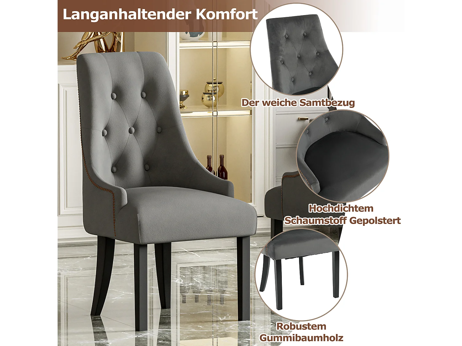 Lot de 4 chaises de salle à manger - 56 x 55 x 100 cm - Velours et pieds en bois d'hévéa - Gris