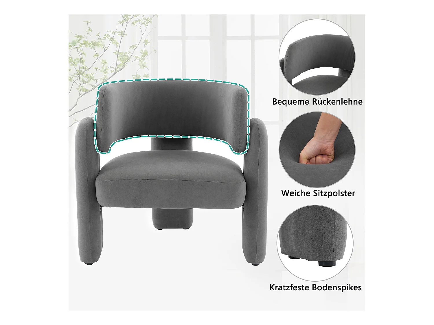 Loungestoel met armleuningen - 78 x 52 x 74 cm - Fleecestof - voor woonkamer - Grijs