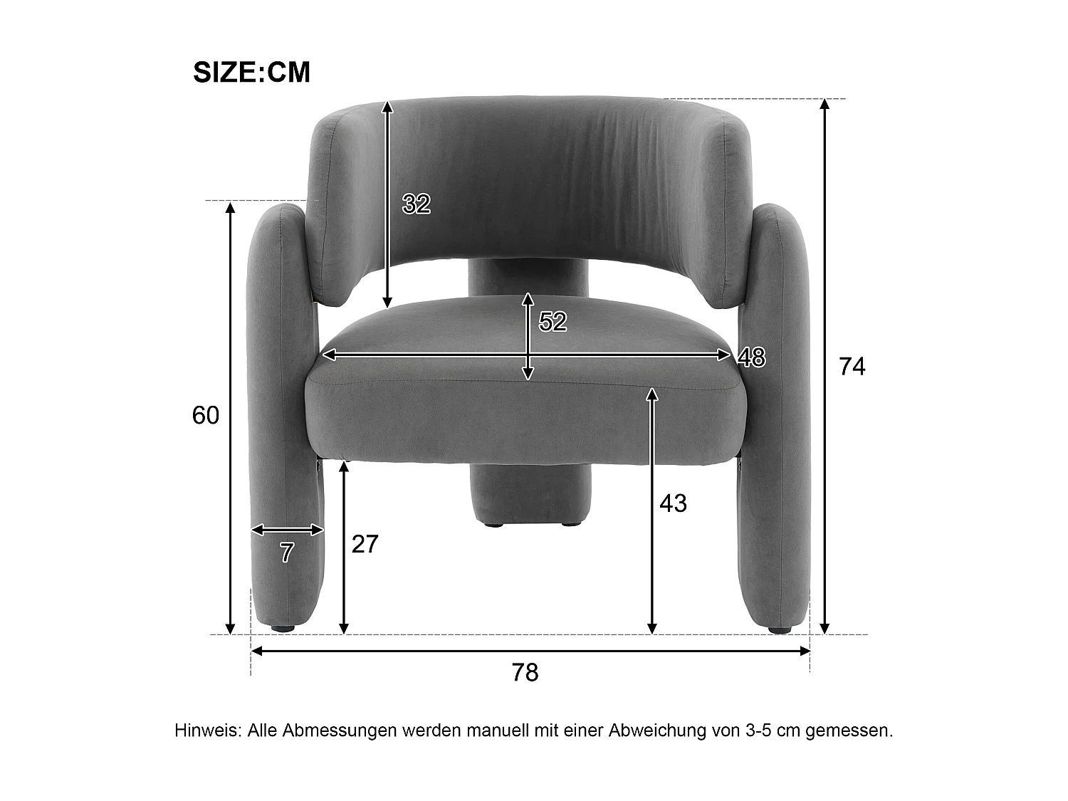 Chaise longue avec accoudoirs - 78 x 52 x 74 cm - Tissu en polaire - pour le salon - Gris