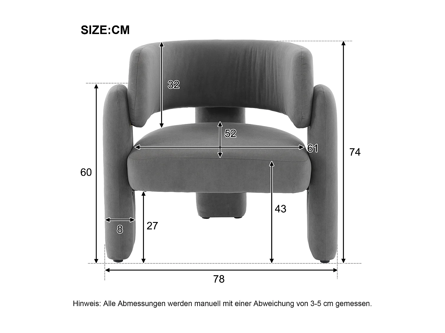 Chaise longue avec accoudoirs - 78 x 52 x 74 cm - Tissu en polaire - pour le salon - Gris