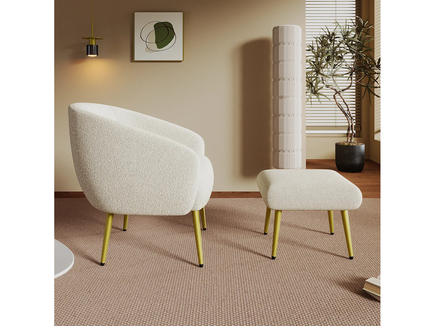 Chaise avec accoudoirs et repose-pièds - 73 x 51 x 68 cm - Éponge + fibres de polypropylène - Blanc