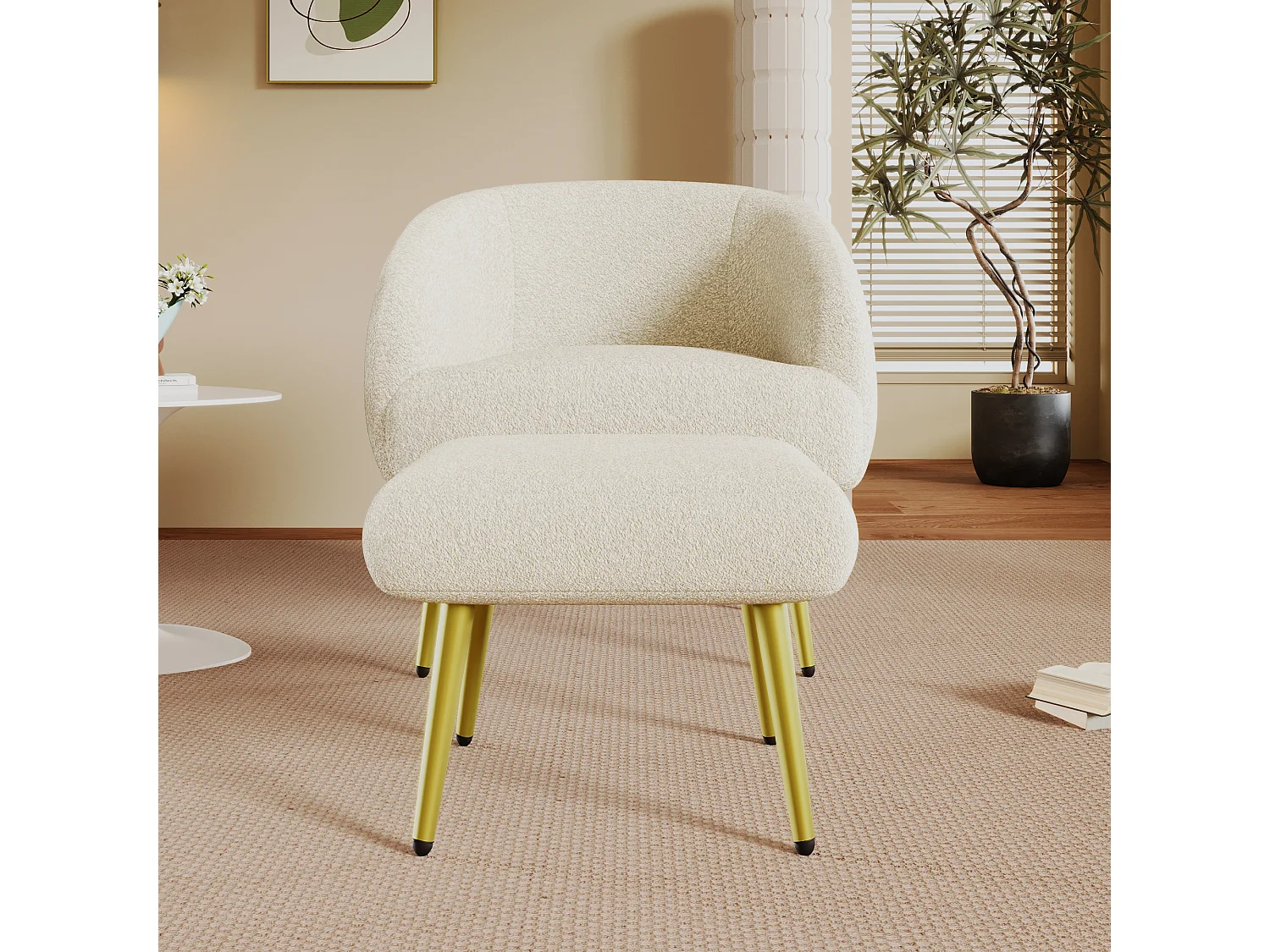 Chaise avec accoudoirs et repose-pièds - 73 x 51 x 68 cm - Éponge + fibres de polypropylène - Blanc