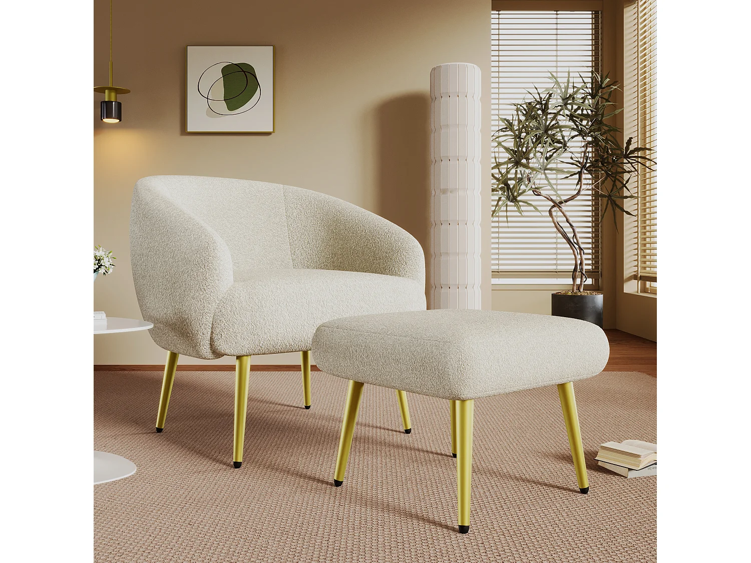 Chaise avec accoudoirs et repose-pièds - 73 x 51 x 68 cm - Éponge + fibres de polypropylène - Blanc