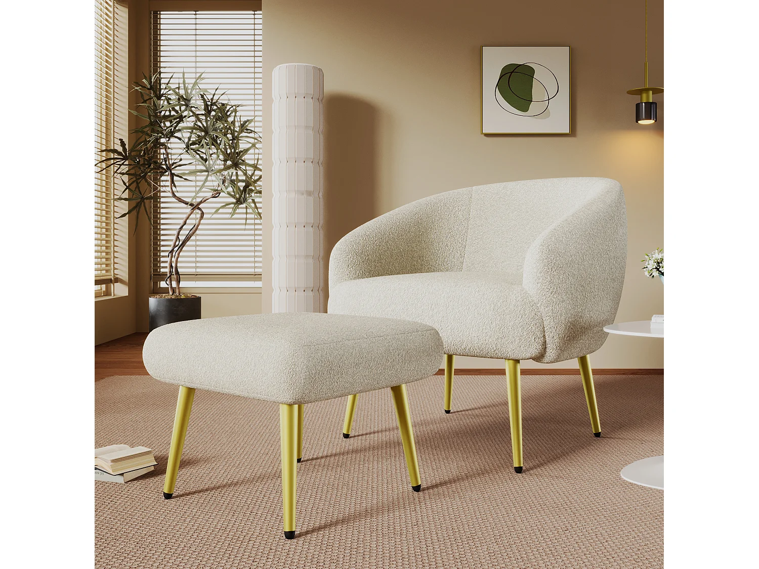 Chaise avec accoudoirs et repose-pièds - 73 x 51 x 68 cm - Éponge + fibres de polypropylène - Blanc