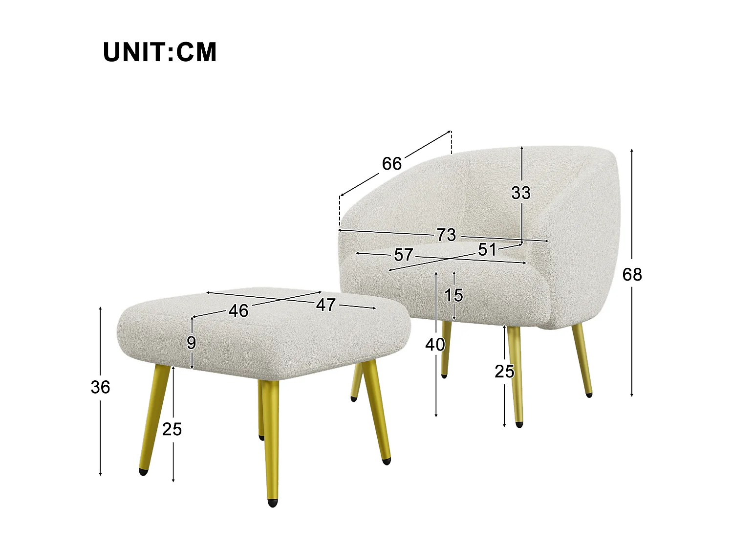 Chaise avec accoudoirs et repose-pièds - 73 x 51 x 68 cm - Éponge + fibres de polypropylène - Blanc