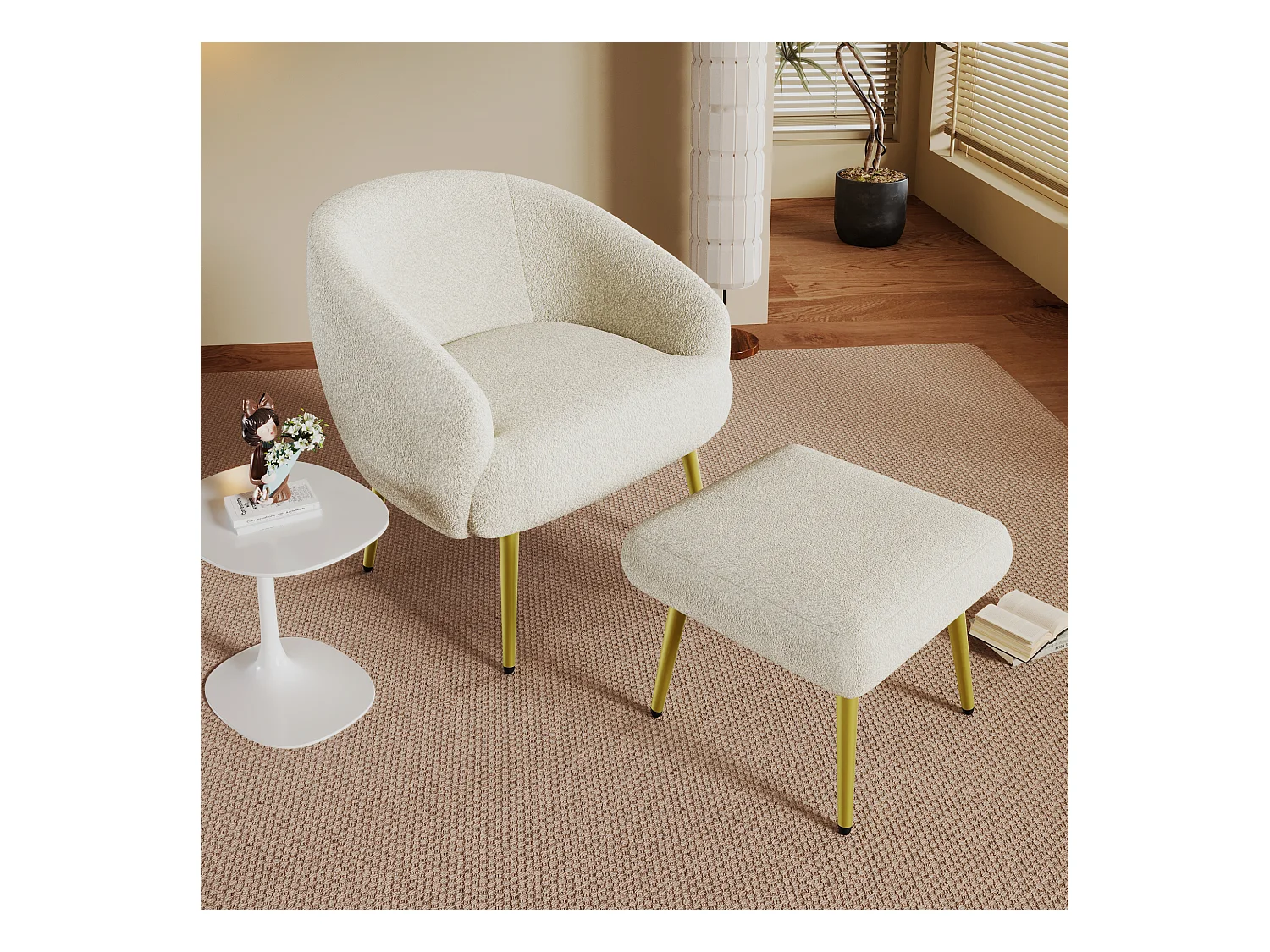 Chaise avec accoudoirs et repose-pièds - 73 x 51 x 68 cm - Éponge + fibres de polypropylène - Blanc