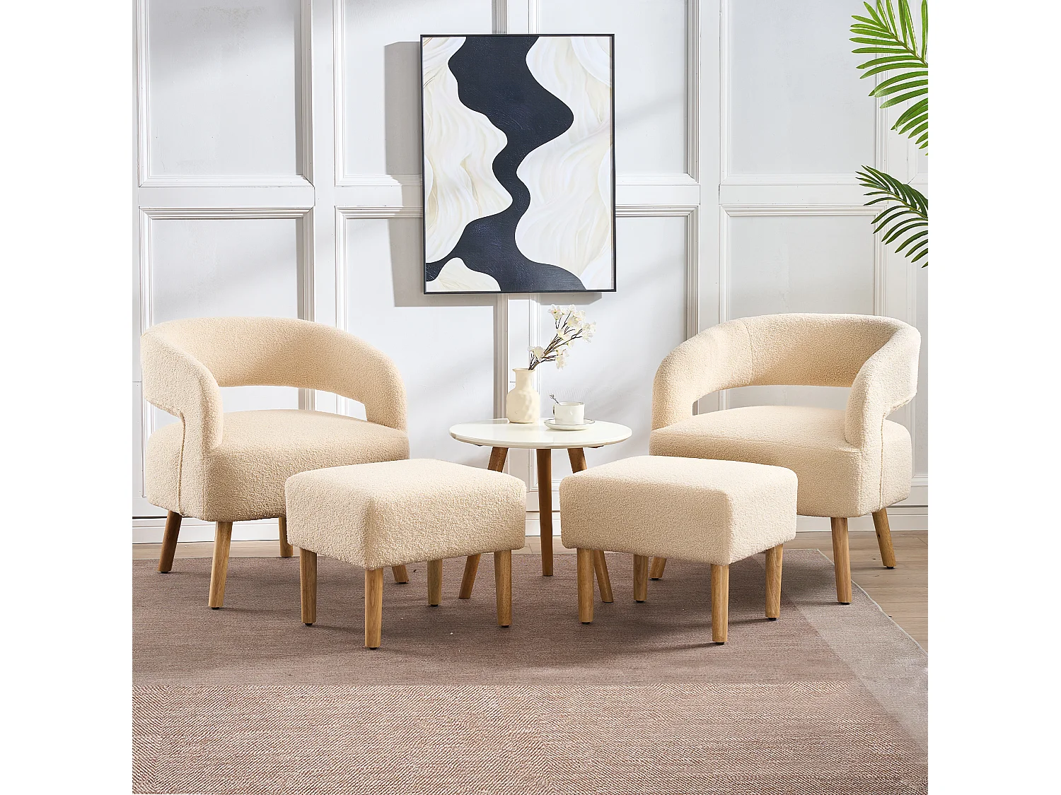 Set di 2 sedie per il tempo libero con braccioli e poggiapiedi - 66 x 65 x 73 + 48 x 41 x 41 cm - Peluche in pile - Beige