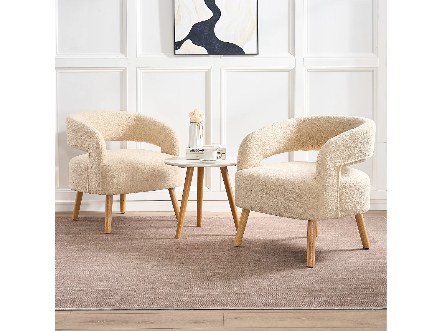 Set di 2 sedie per il tempo libero con braccioli e poggiapiedi - 66 x 65 x 73 + 48 x 41 x 41 cm - Peluche in pile - Beige