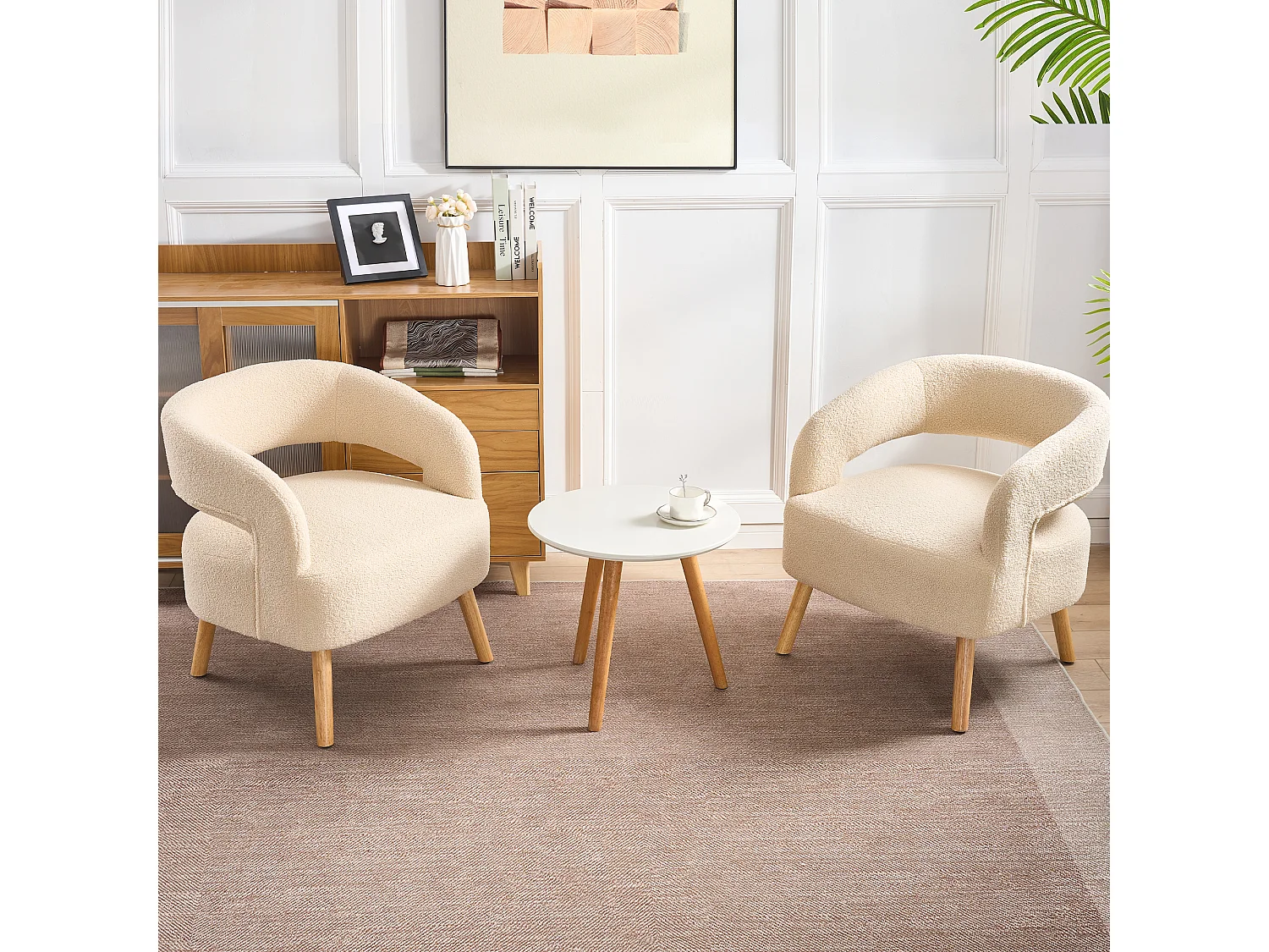 Set di 2 sedie per il tempo libero con braccioli e poggiapiedi - 66 x 65 x 73 + 48 x 41 x 41 cm - Peluche in pile - Beige