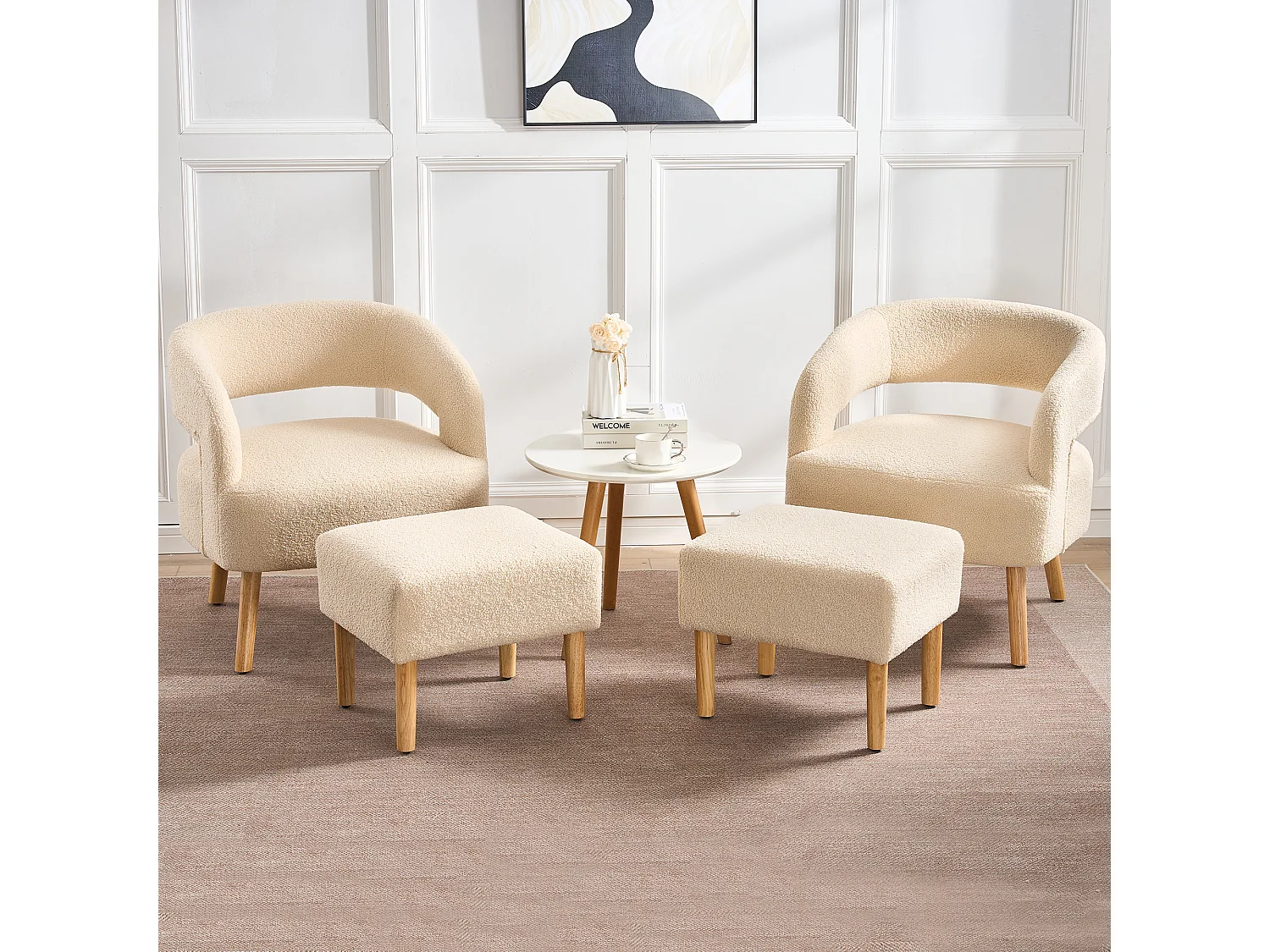 Set di 2 sedie per il tempo libero con braccioli e poggiapiedi - 66 x 65 x 73 + 48 x 41 x 41 cm - Peluche in pile - Beige