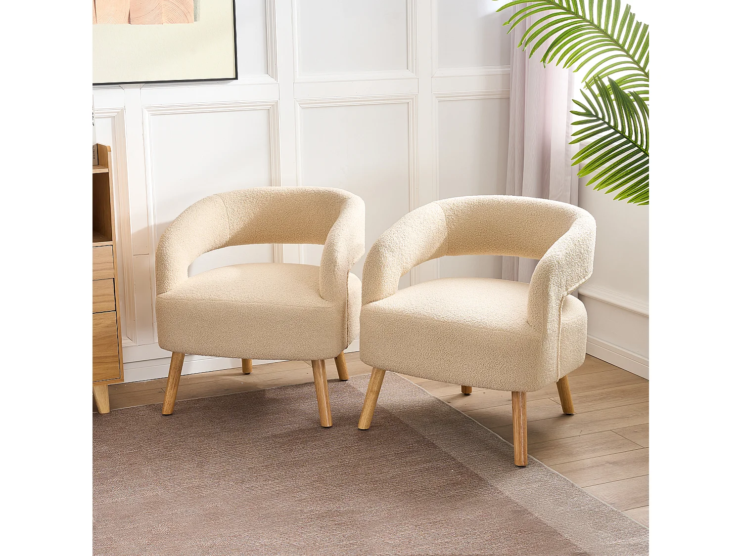 Set di 2 sedie per il tempo libero con braccioli e poggiapiedi - 66 x 65 x 73 + 48 x 41 x 41 cm - Peluche in pile - Beige