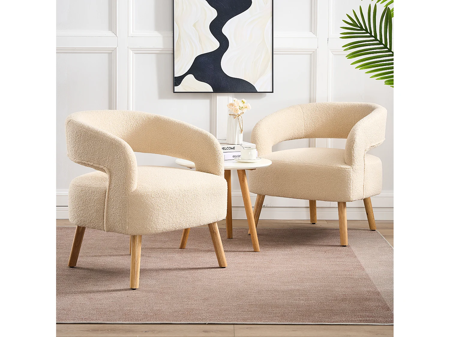 Set di 2 sedie per il tempo libero con braccioli e poggiapiedi - 66 x 65 x 73 + 48 x 41 x 41 cm - Peluche in pile - Beige