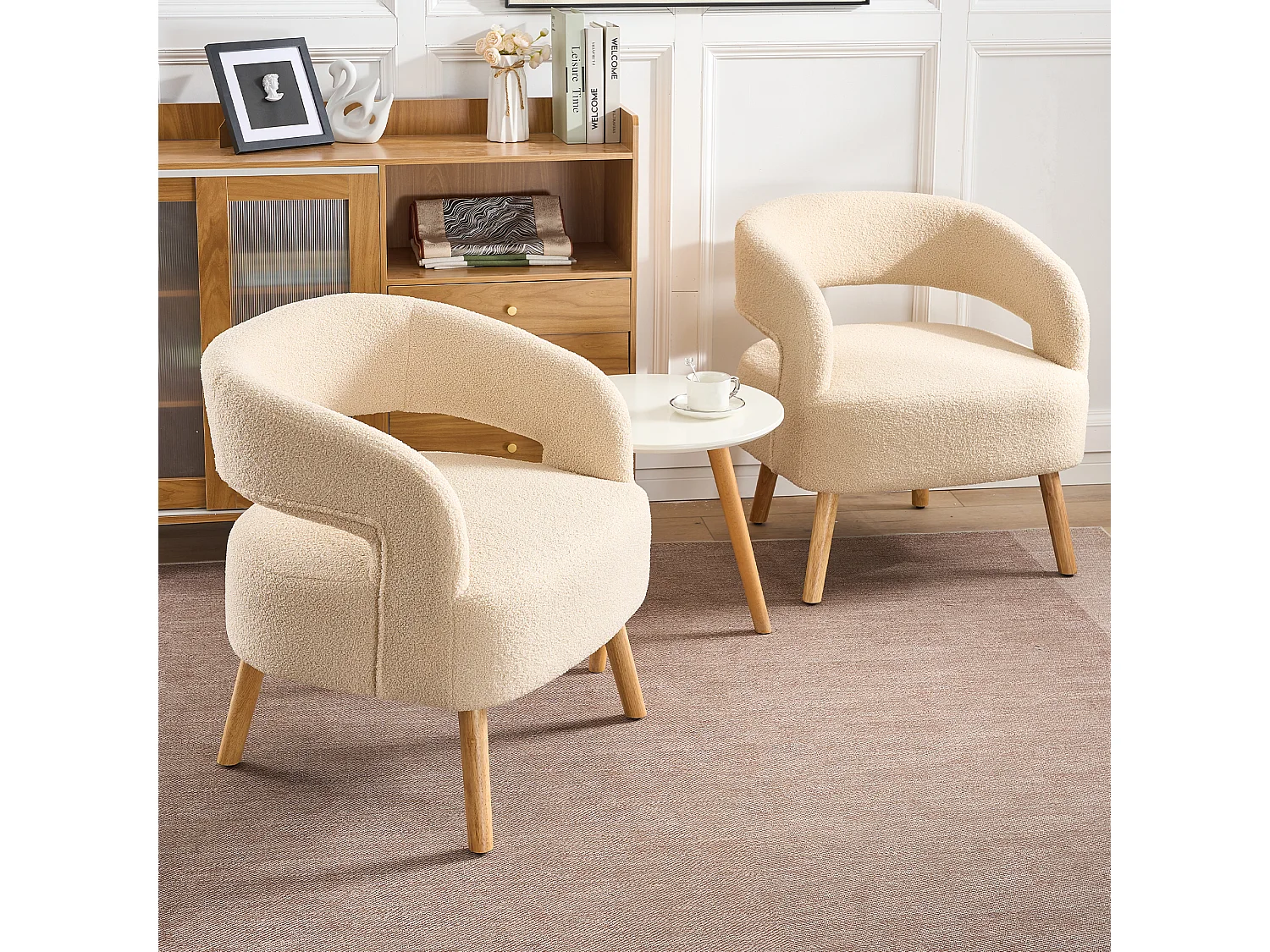 Set di 2 sedie per il tempo libero con braccioli e poggiapiedi - 66 x 65 x 73 + 48 x 41 x 41 cm - Peluche in pile - Beige