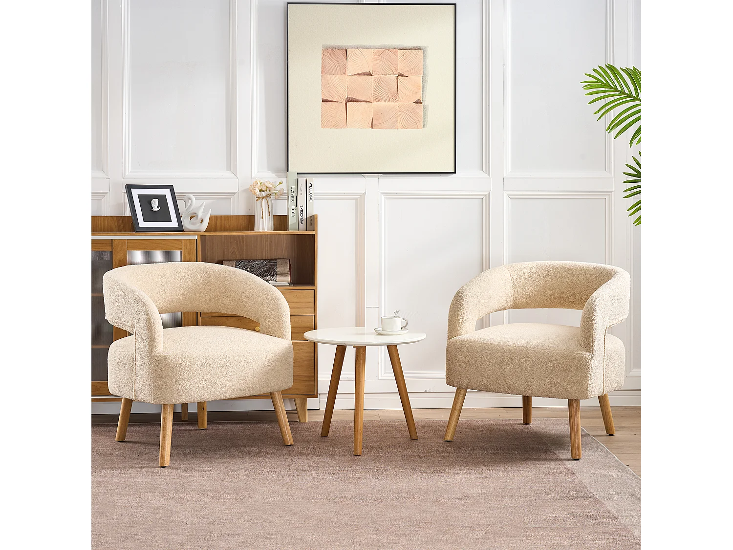 Set di 2 sedie per il tempo libero con braccioli e poggiapiedi - 66 x 65 x 73 + 48 x 41 x 41 cm - Peluche in pile - Beige