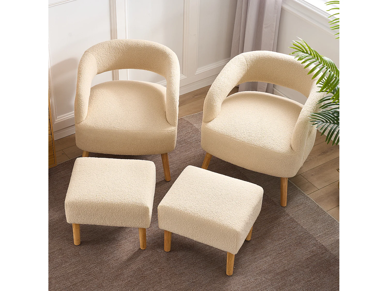 Set di 2 sedie per il tempo libero con braccioli e poggiapiedi - 66 x 65 x 73 + 48 x 41 x 41 cm - Peluche in pile - Beige