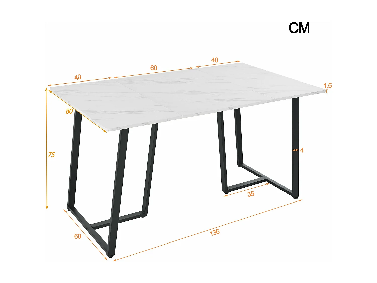 Table à manger moderne à motif de marbre - cadre en métal noir, blanc,d140cm×h75cm
