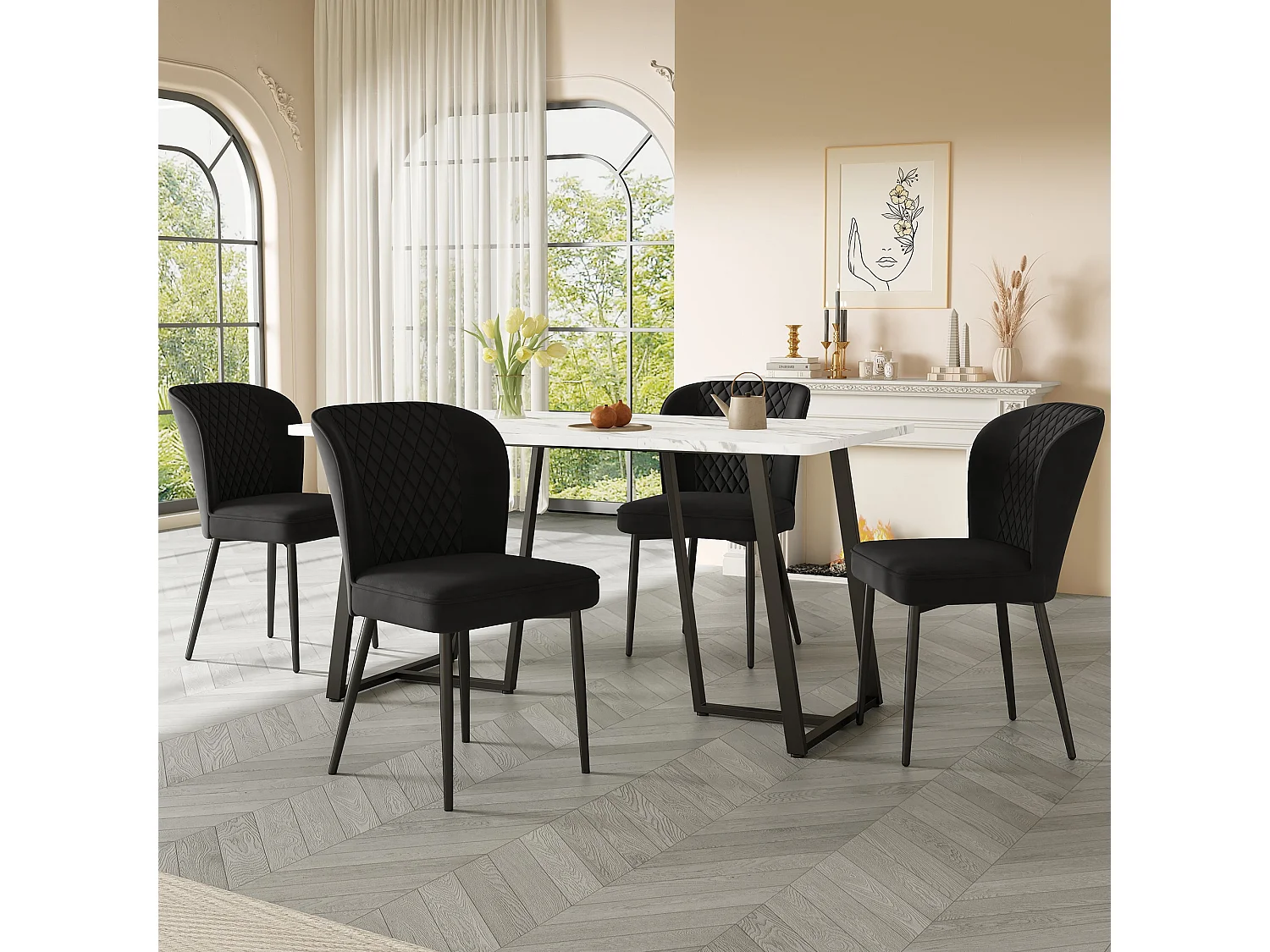 Table à manger moderne à motif de marbre - cadre en métal noir, blanc,d140cm×h75cm