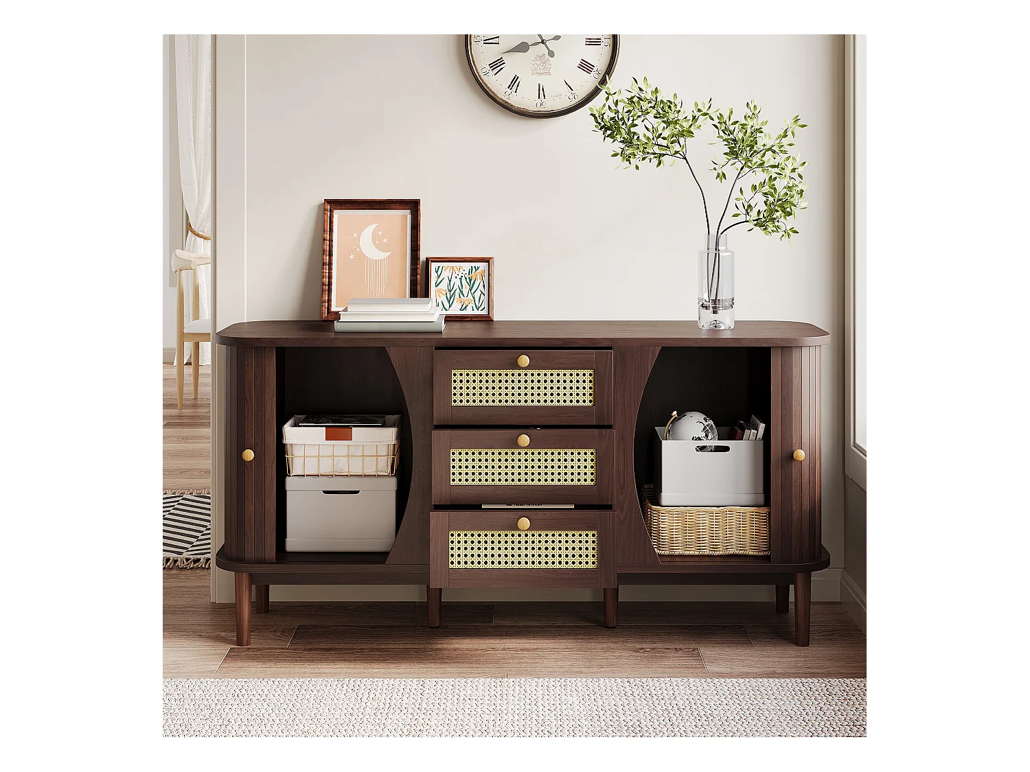 Buffet bas avec 2 portes coulissantes et 3 tiroirs en rotin, commode - 140.5 x 40 x 76 - Panneaux de particules - Naturel