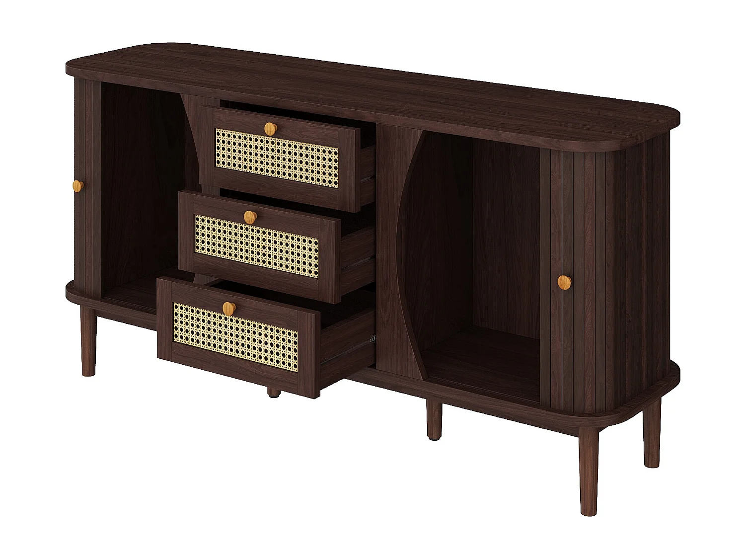 Buffet bas avec 2 portes coulissantes et 3 tiroirs en rotin, commode - 140.5 x 40 x 76 - Panneaux de particules - Naturel