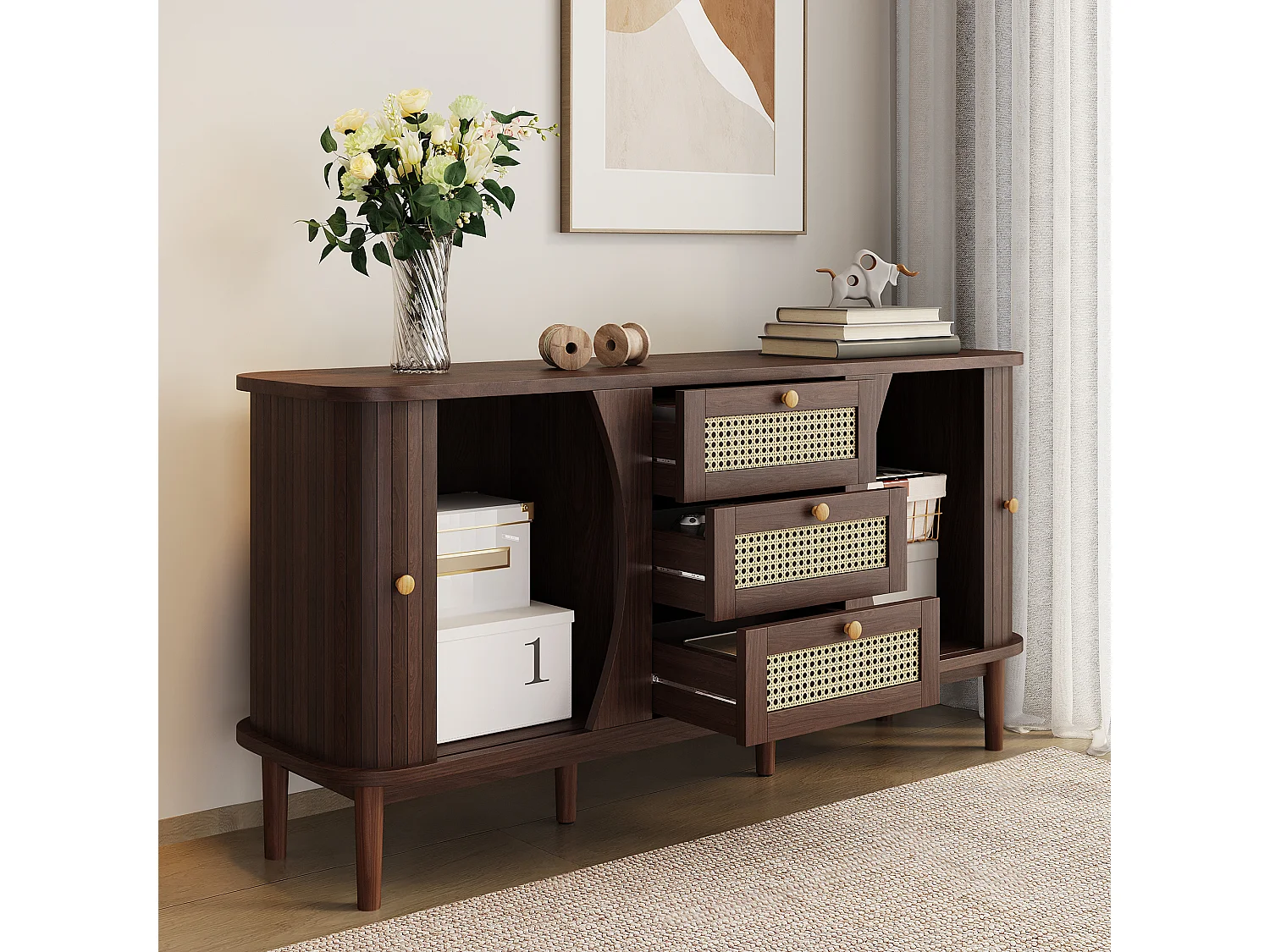 Buffet bas avec 2 portes coulissantes et 3 tiroirs en rotin, commode - 140.5 x 40 x 76 - Panneaux de particules - Naturel