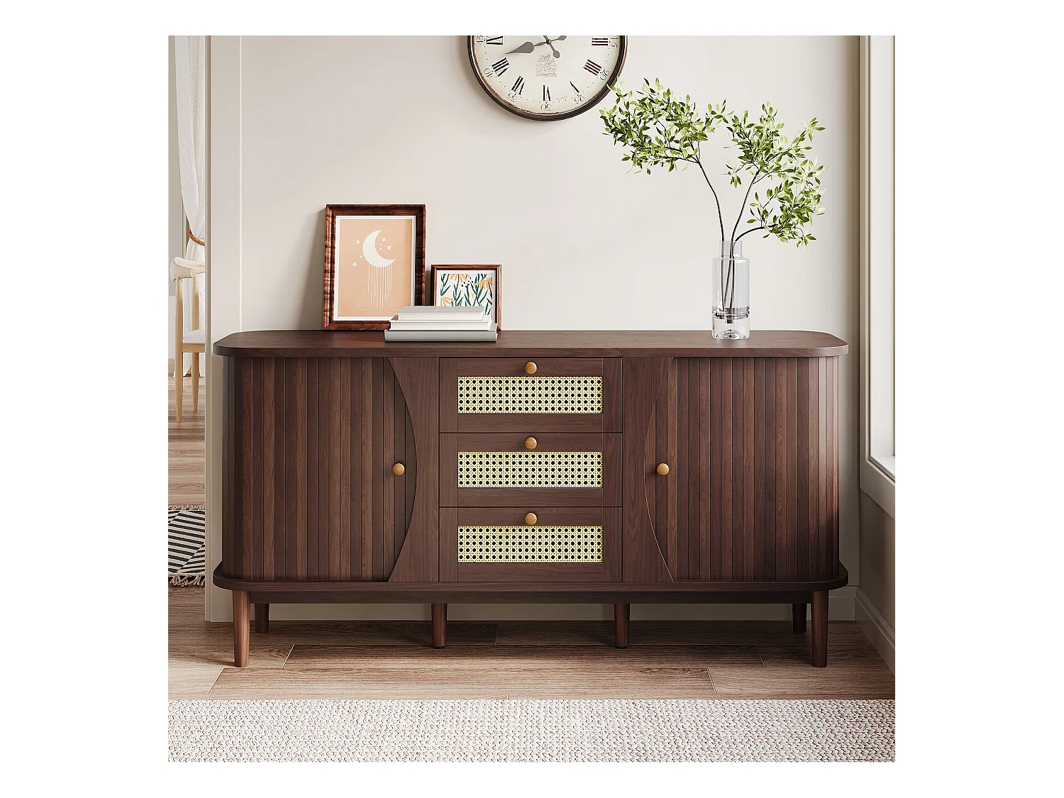 Buffet bas avec 2 portes coulissantes et 3 tiroirs en rotin, commode - 140.5 x 40 x 76 - Panneaux de particules - Naturel