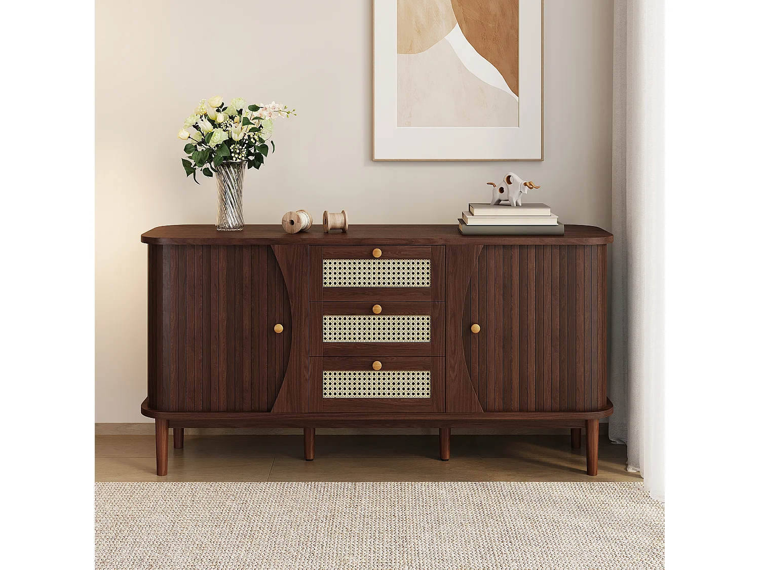 Laag dressoir met 2 schuifdeuren en 3 rotan lades, ladekast - 140,5 x 40 x 76 - Spaanplaat - Naturel