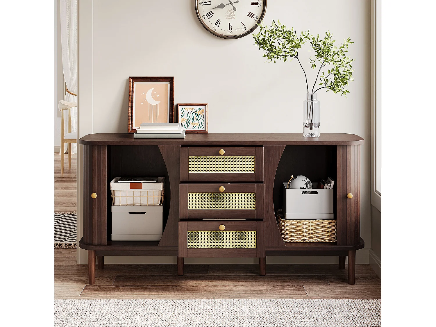 Laag dressoir met 2 schuifdeuren en 3 rotan lades, ladekast - 140,5 x 40 x 76 - Spaanplaat - Naturel