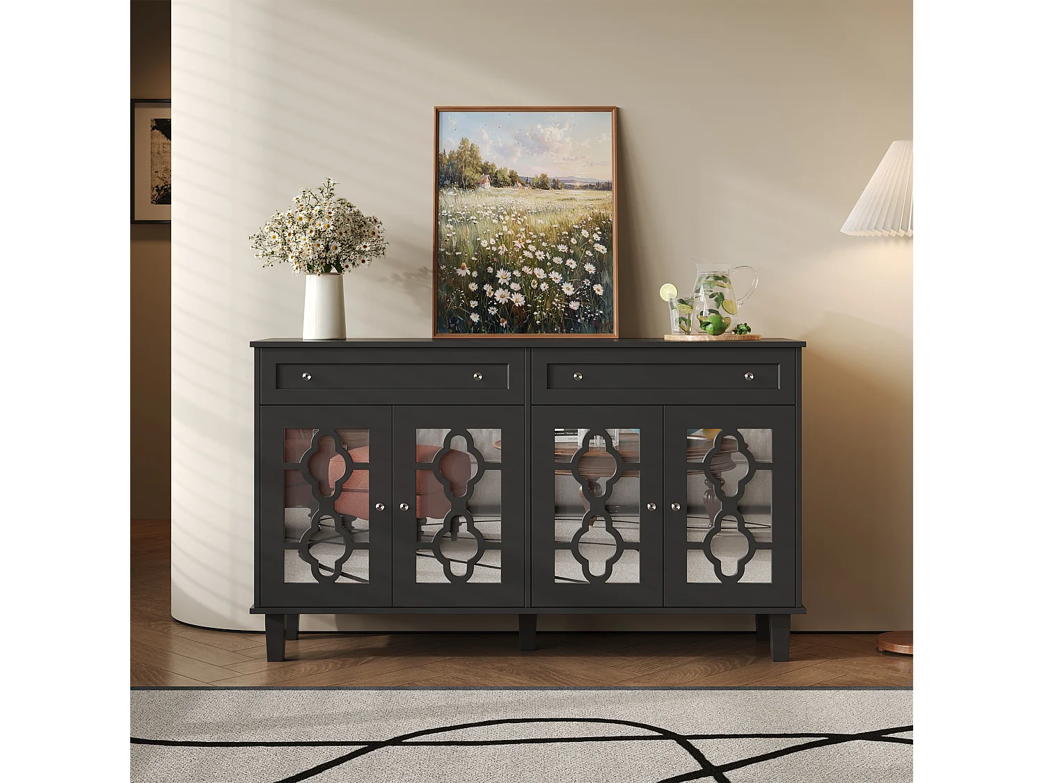 Buffet bas avec 4 portes et 2 tiroirs - 120 x 40 x 83 cm - Etagères réglables et poignées en cristal - MDF - Noir