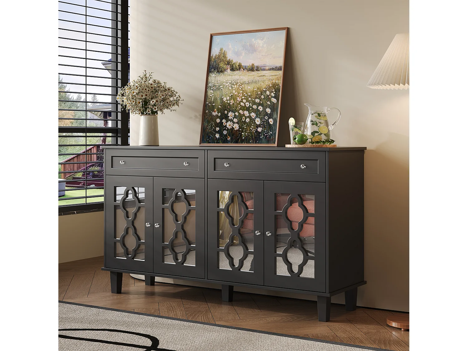 Buffet bas avec 4 portes et 2 tiroirs - 120 x 40 x 83 cm - Etagères réglables et poignées en cristal - MDF - Noir