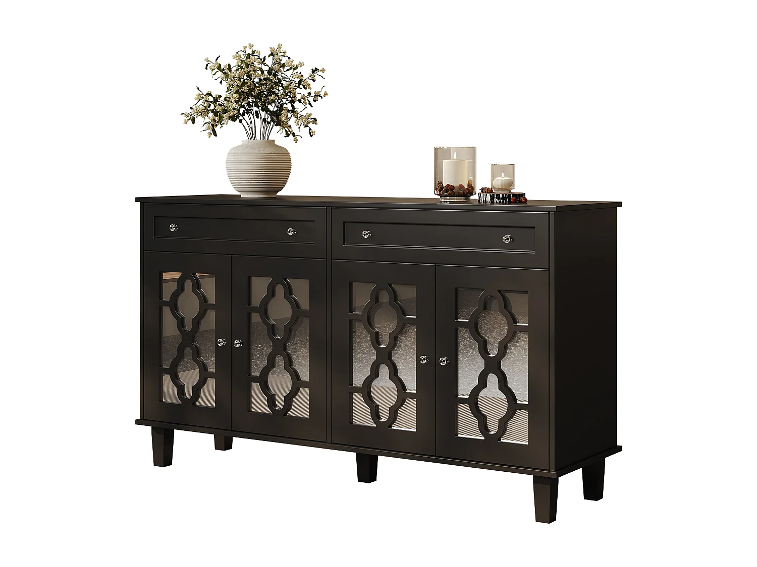 Buffet bas avec 4 portes et 2 tiroirs - 120 x 40 x 83 cm - Etagères réglables et poignées en cristal - MDF - Noir