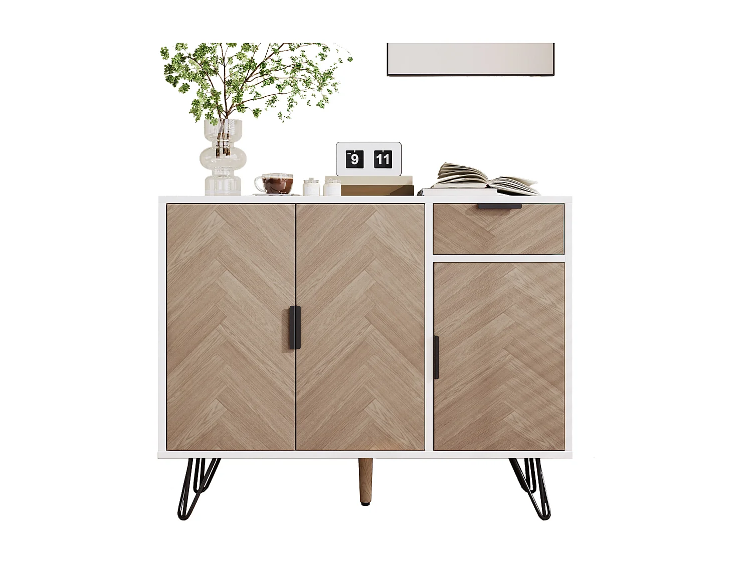 Buffet avec 3 portes et 1 tiroir - 90 x 30 x 71,5 cm - étagères réglables - MDF et panneau de particules - Blanc et bois