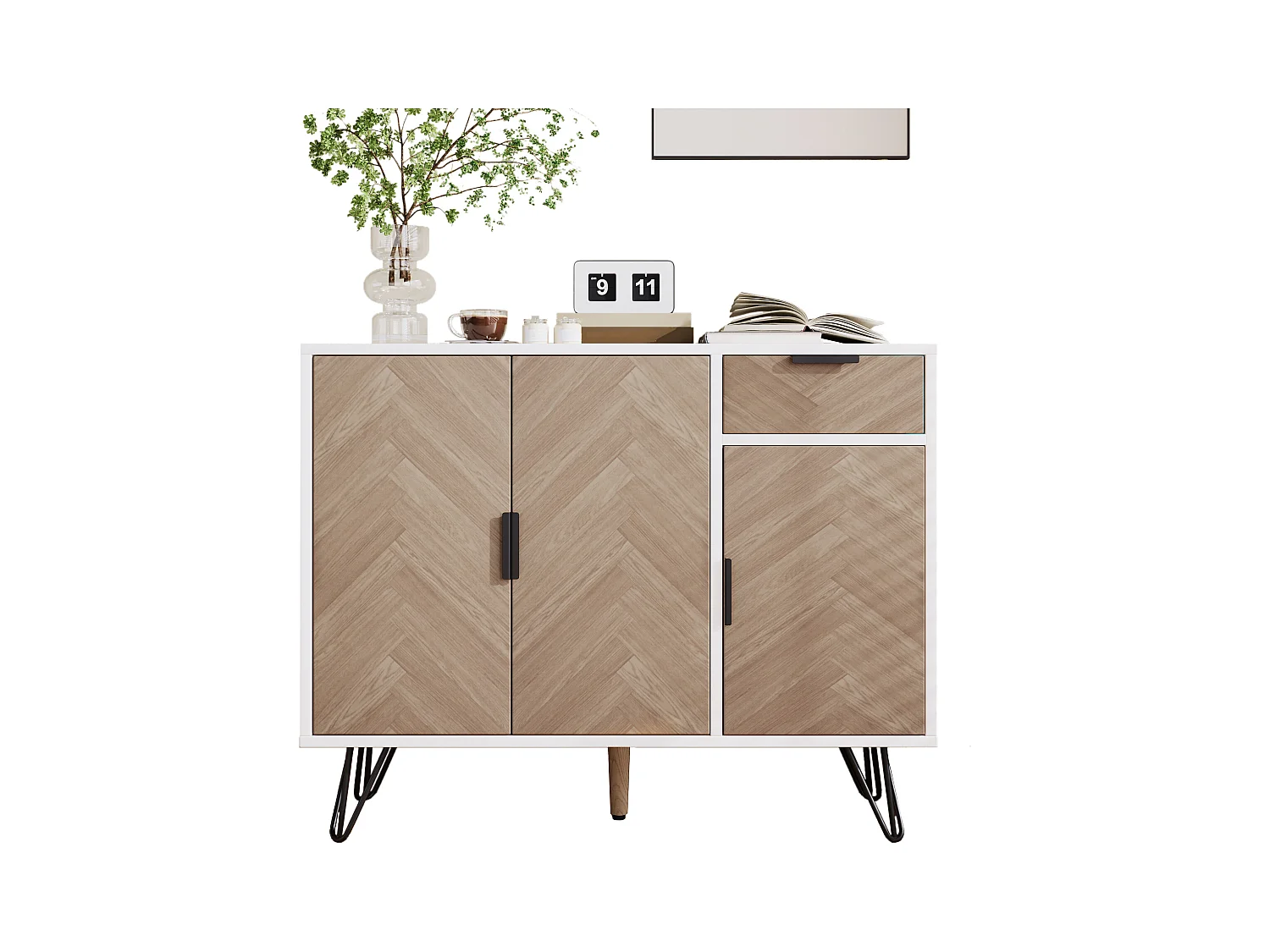 Buffet avec 3 portes et 1 tiroir - 90 x 30 x 71,5 cm - étagères réglables - MDF et panneau de particules - Blanc et bois