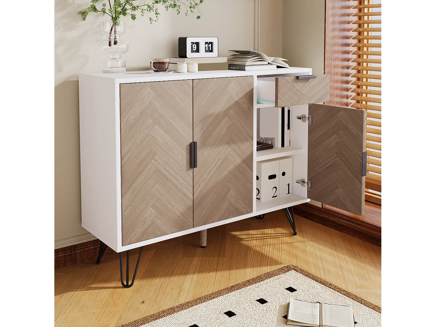 Credenza con 3 ante e 1 cassetto - 90 x 30 x 71,5 cm - ripiani regolabili - MDF e pannelli di particelle - Bianco e legno