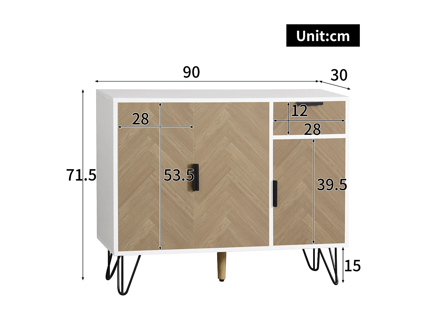 Credenza con 3 ante e 1 cassetto - 90 x 30 x 71,5 cm - ripiani regolabili - MDF e pannelli di particelle - Bianco e legno
