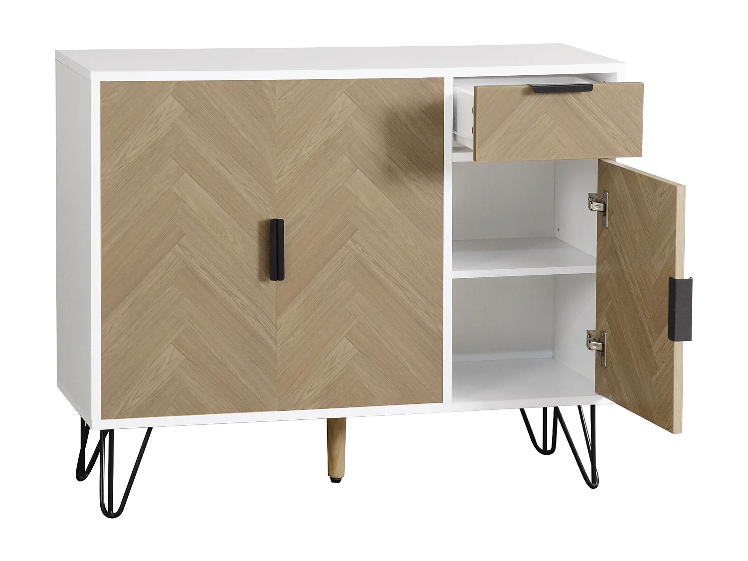 Credenza con 3 ante e 1 cassetto - 90 x 30 x 71,5 cm - ripiani regolabili - MDF e pannelli di particelle - Bianco e legno