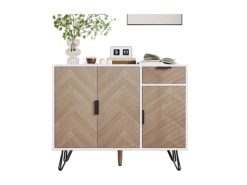 Buffet avec 3 portes et 1 tiroir - 90 x 30 x 71,5 cm - étagères réglables - MDF et panneau de particules - Blanc et bois