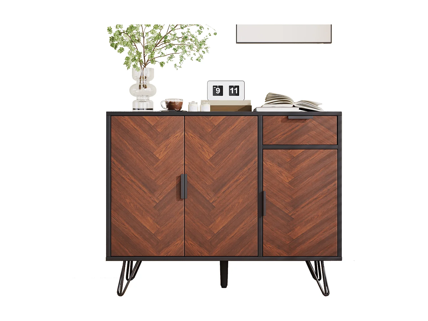 Komoda z 3 drzwiami i 1 szufladą - 90 x 30 x 71,5 cm - regulowane półki - MDF i płyta wiórowa - Czarny i drewno