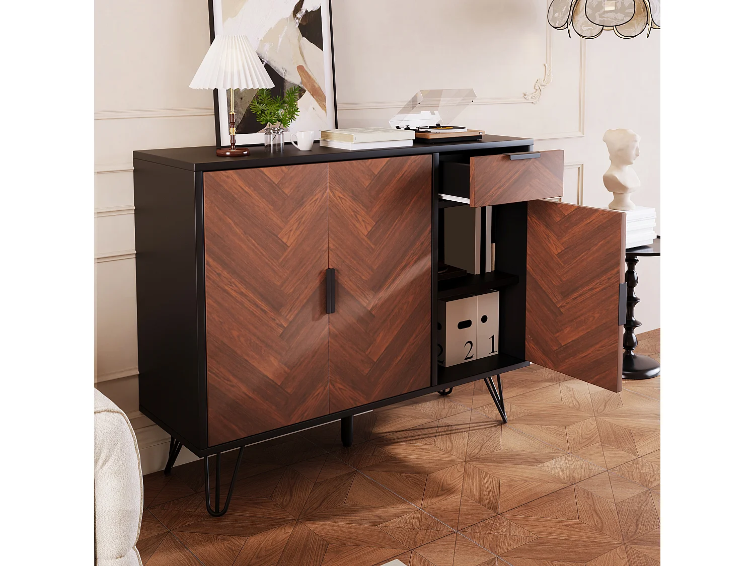 Komoda z 3 drzwiami i 1 szufladą - 90 x 30 x 71,5 cm - regulowane półki - MDF i płyta wiórowa - Czarny i drewno