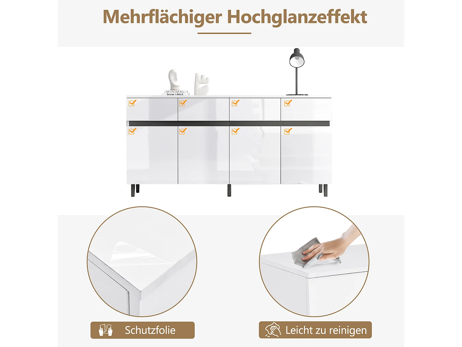 Buffet bas avec 4 portes et 4 tiroirs - 160 x 40 x 68 cm - Panneau de particules - Etagères réglables - Blanc brillant